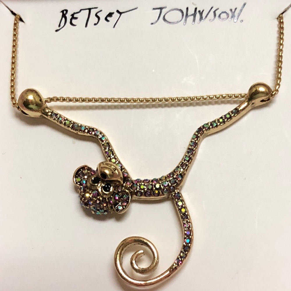 🐒 BETSEY JOHNSON | Pave Monkey Acrobat On Bar Pendant Necklace Gold Tone Chain - Picture 2 of 11